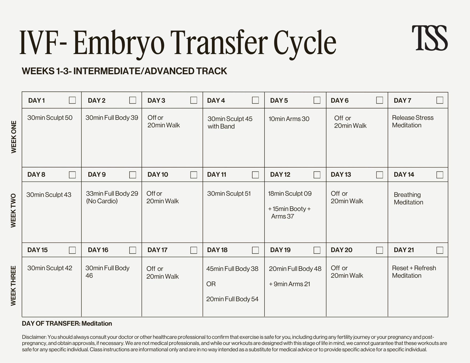 IVF - Embryo Transfer Cycle Int/Adv Calendar