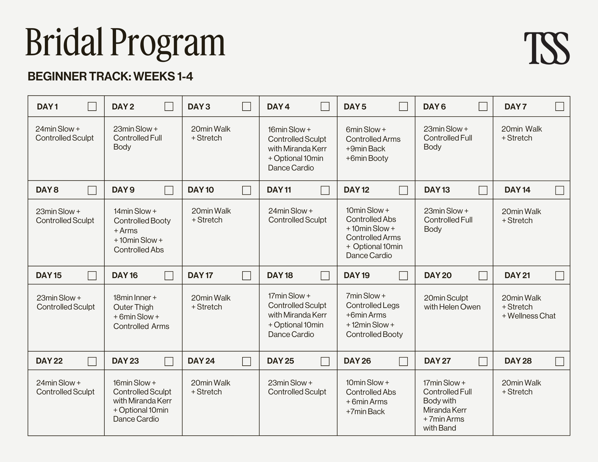 Bridal Program Beginner Calendars