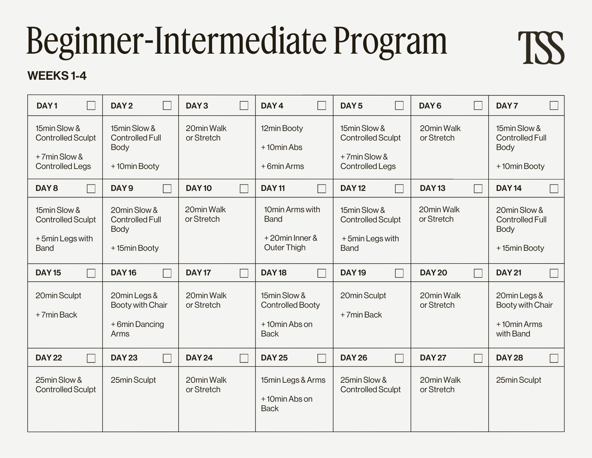 Beginner-Intermediate Program Calendar