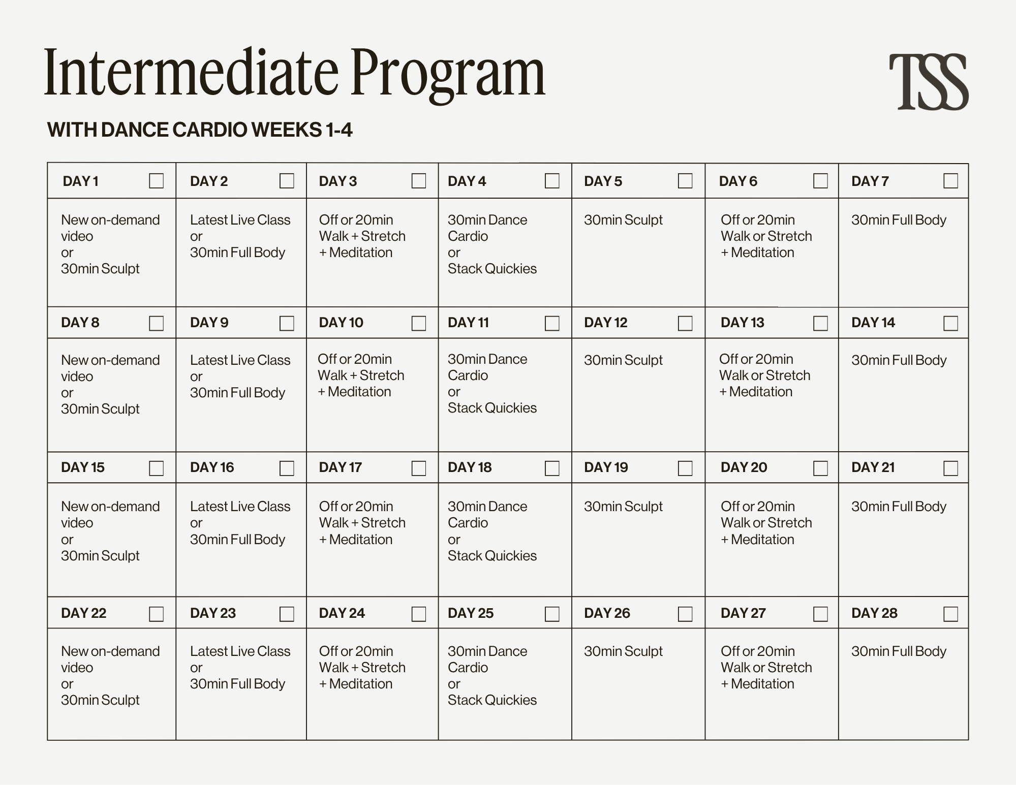 Intermediate Program with Dance Cardio Pt 1 Calendar
