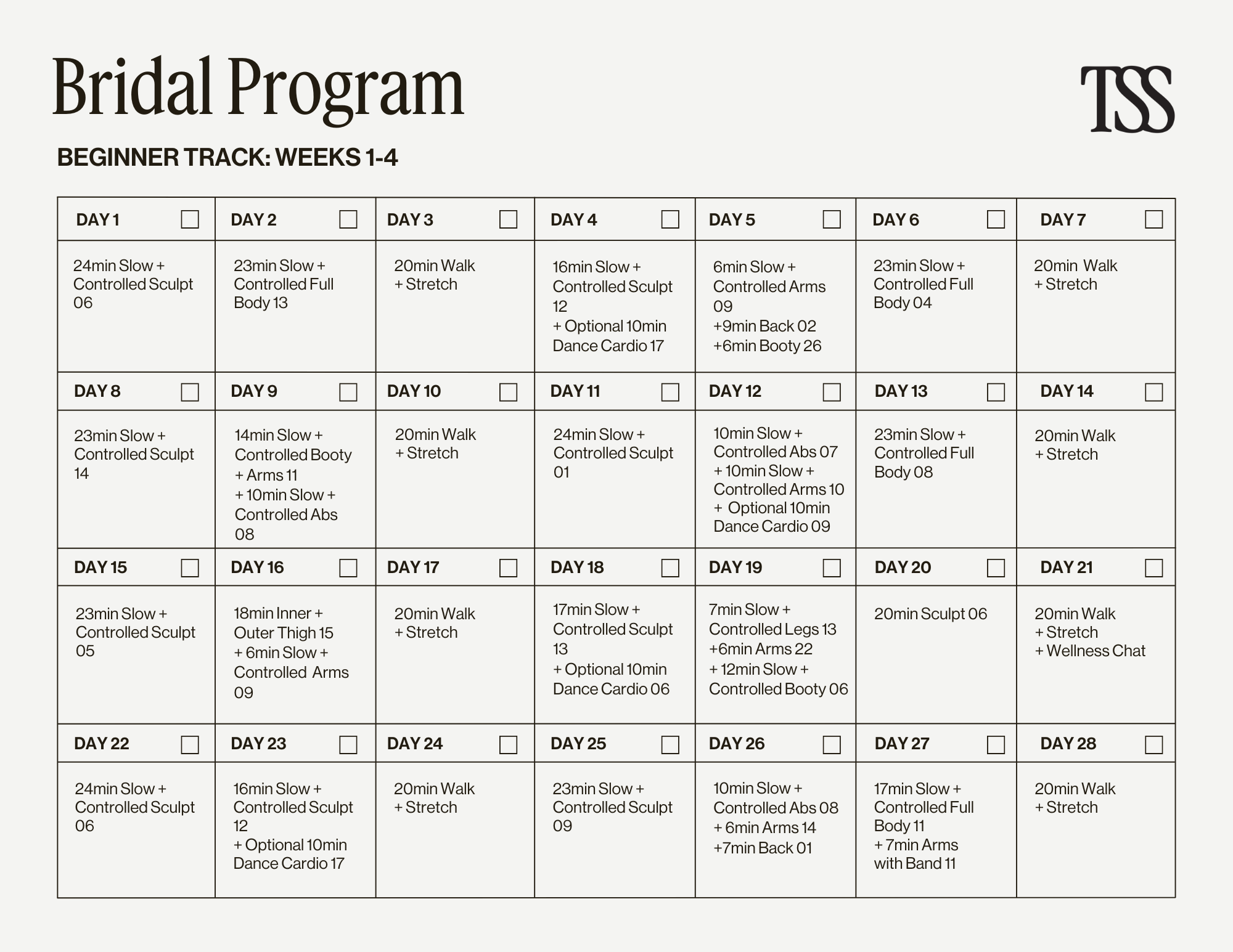 Bridal Program Rental - Beginner Calendars