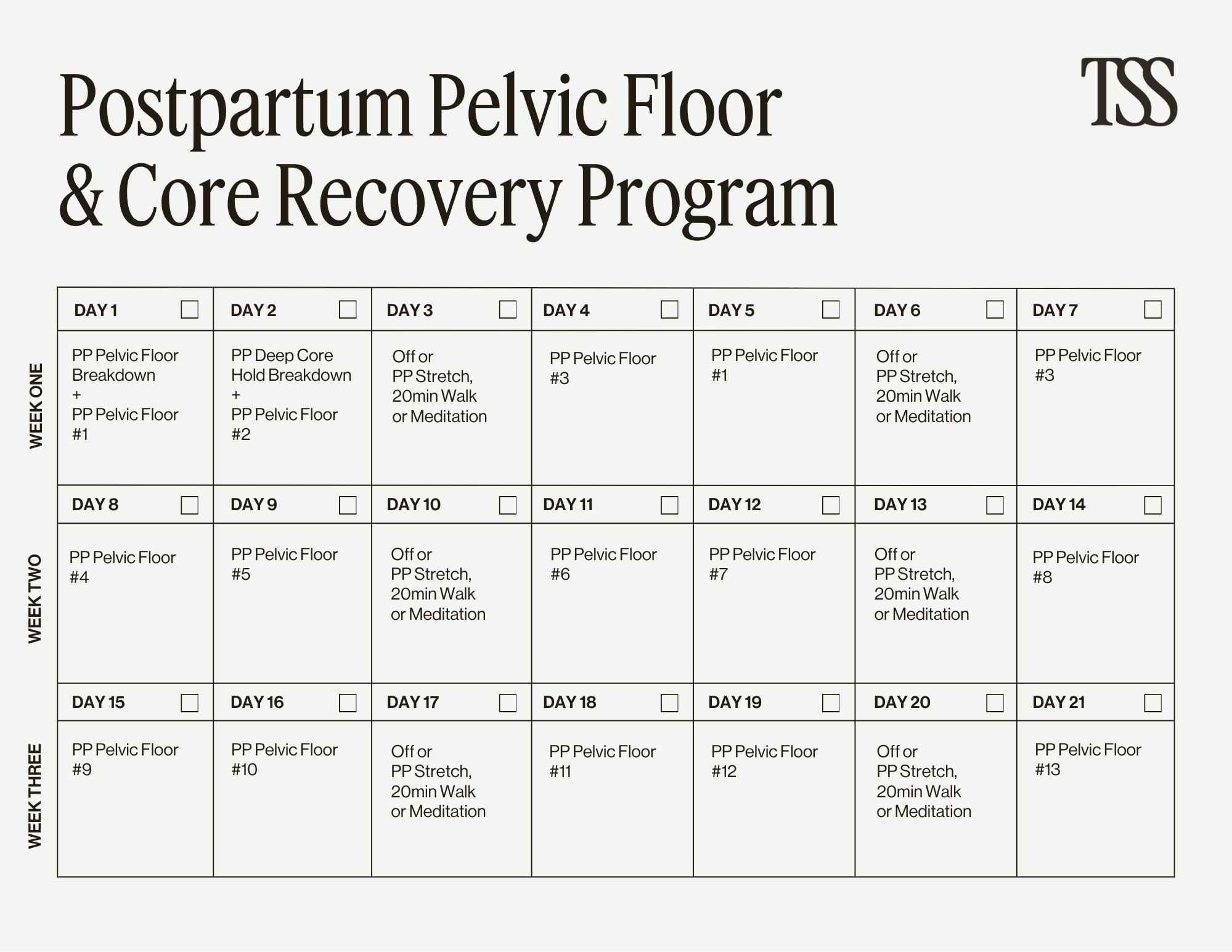 PP Pelvic Floor Weeks 1-3 Calendar