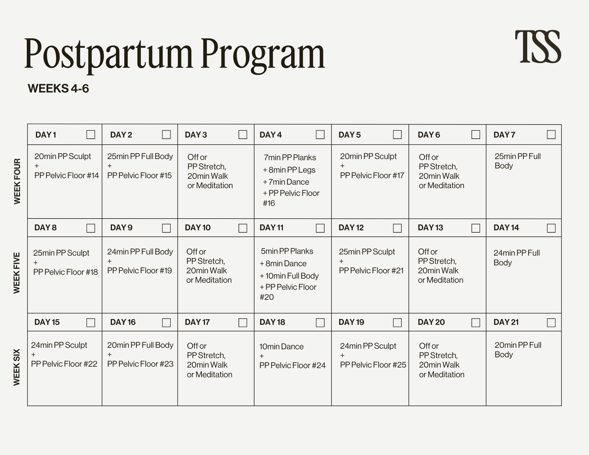 Postpartum Program Weeks 4-6 Calendar
