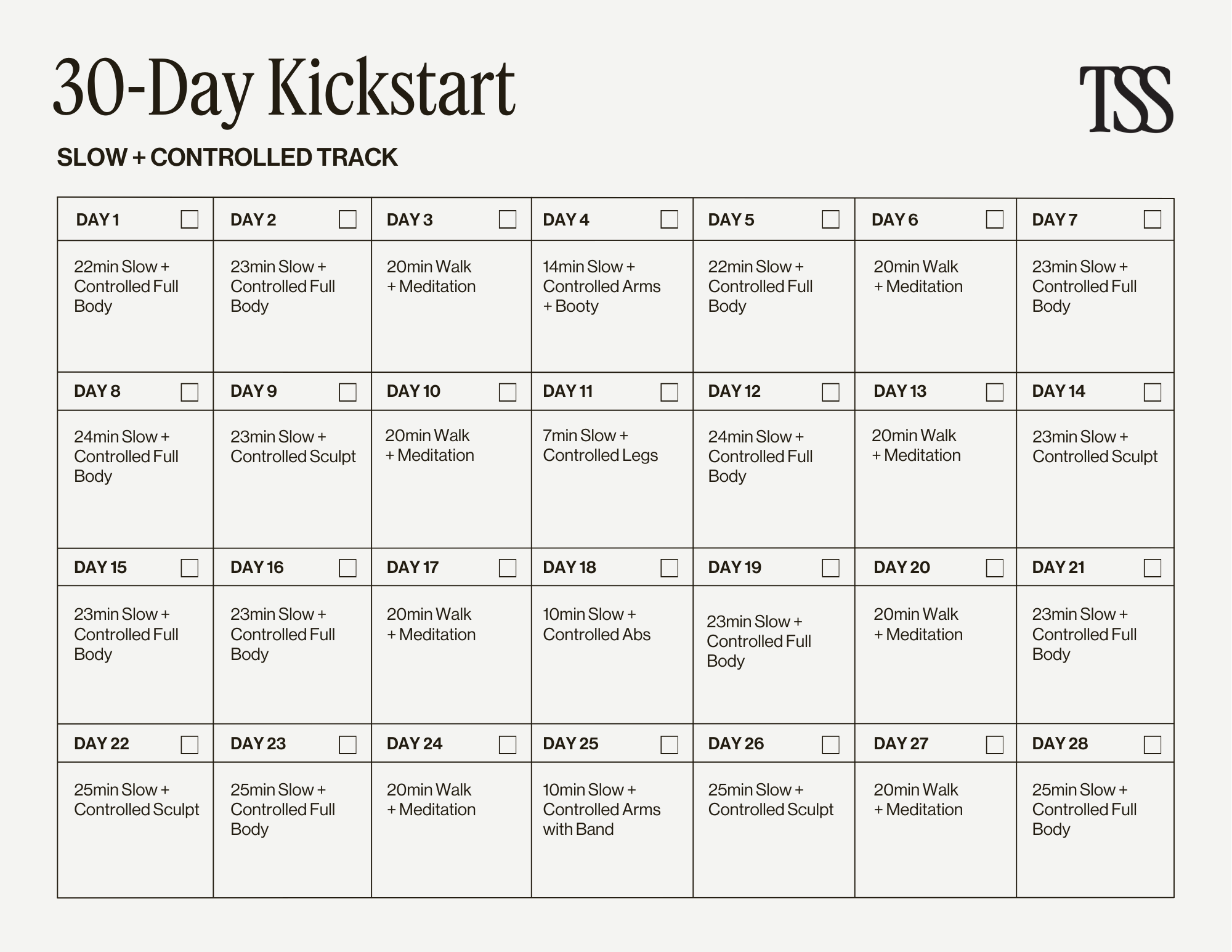 30 Day Kickstart Slow & Controlled Calendar