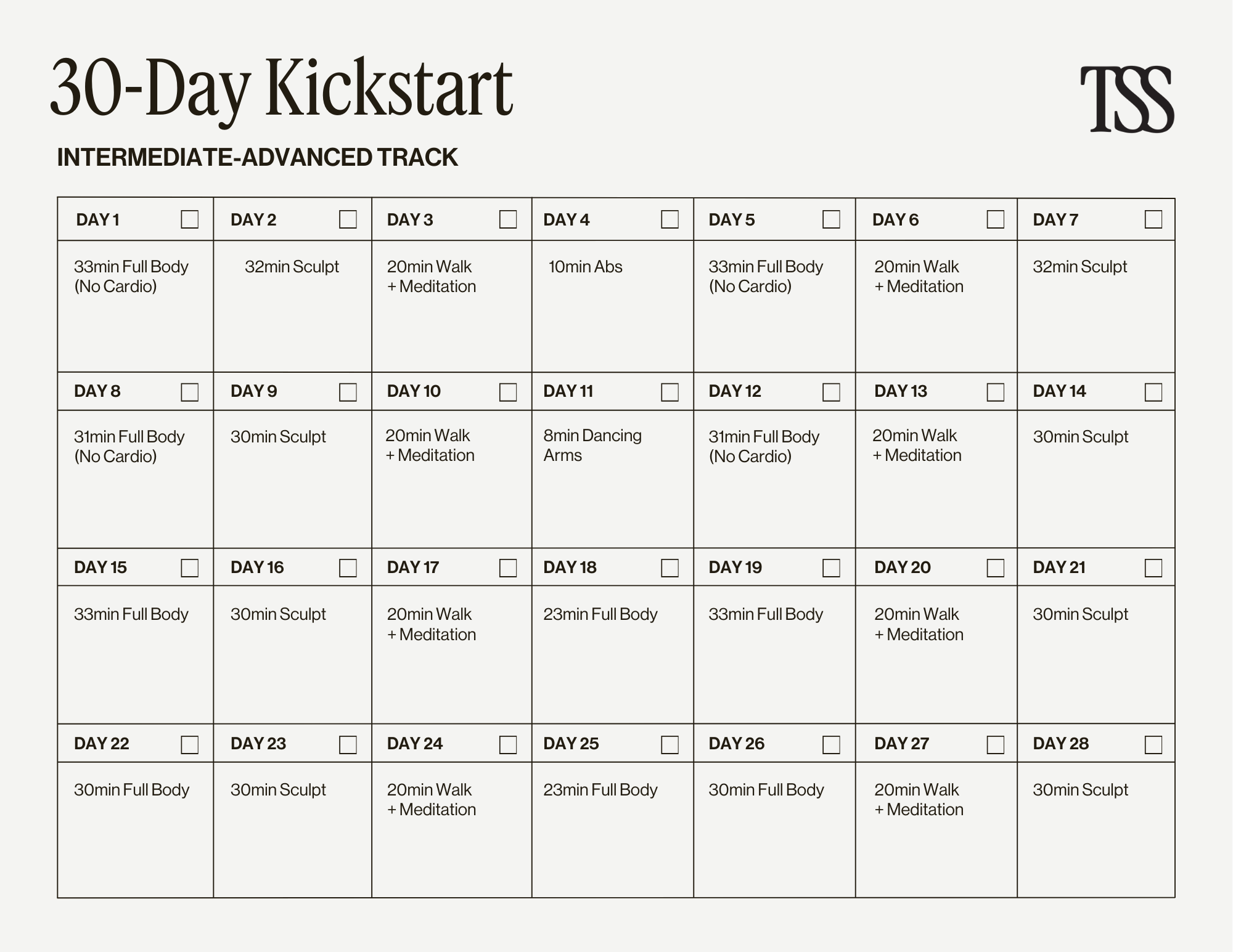 30 Day Kickstart Int/Adv Calendar