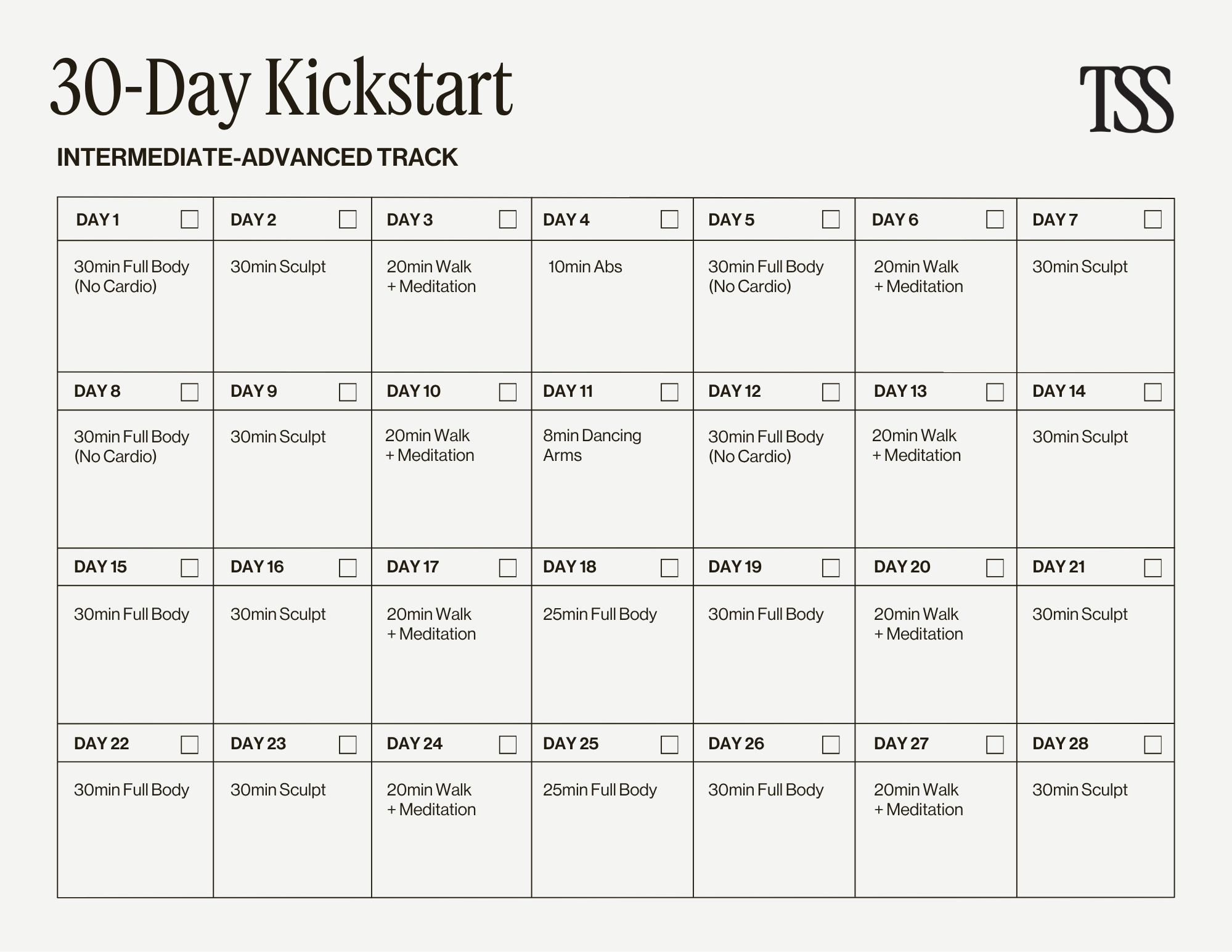 30-Day Kickstart Int/Adv Calendar