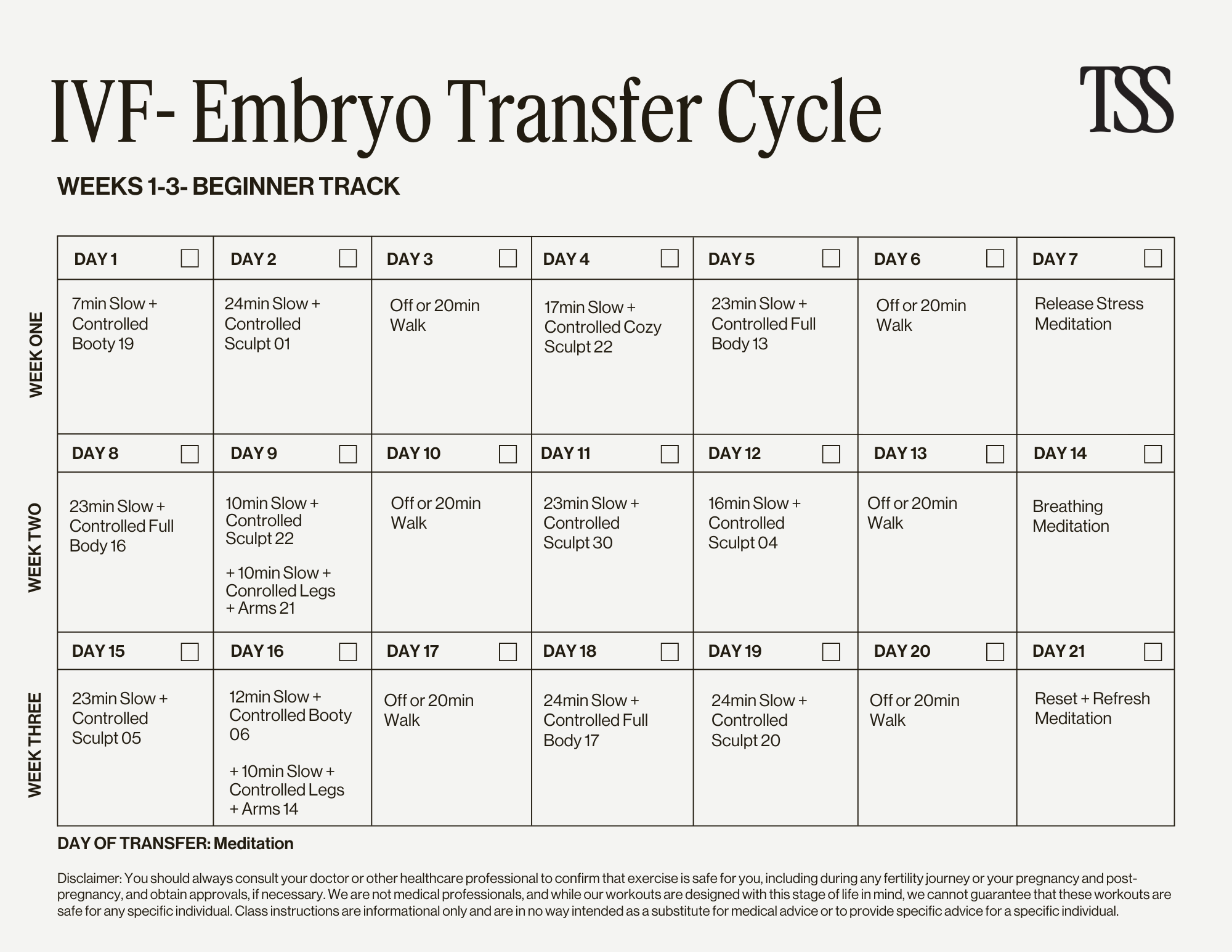IVF - Embryo Transfer Cycle Beginner Calendar