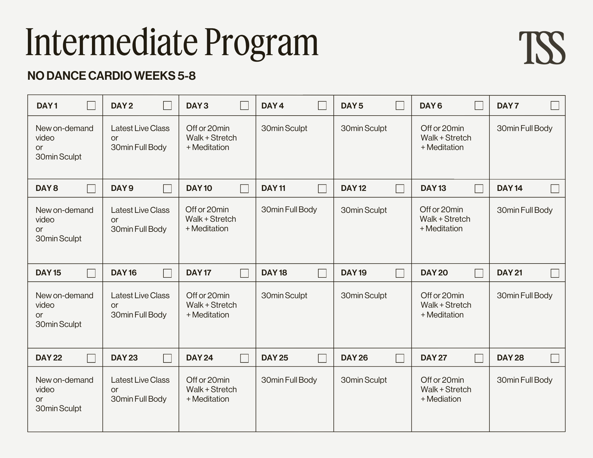 Intermediate Program No Dance Cardio Pt 2 Calendar