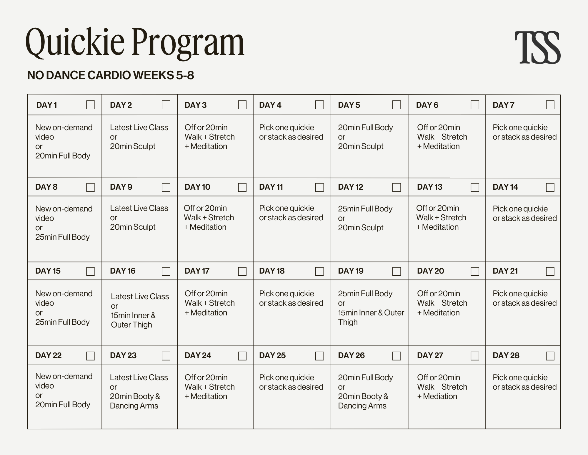 Quickie Program No Dance Cardio Pt 2 Calendar