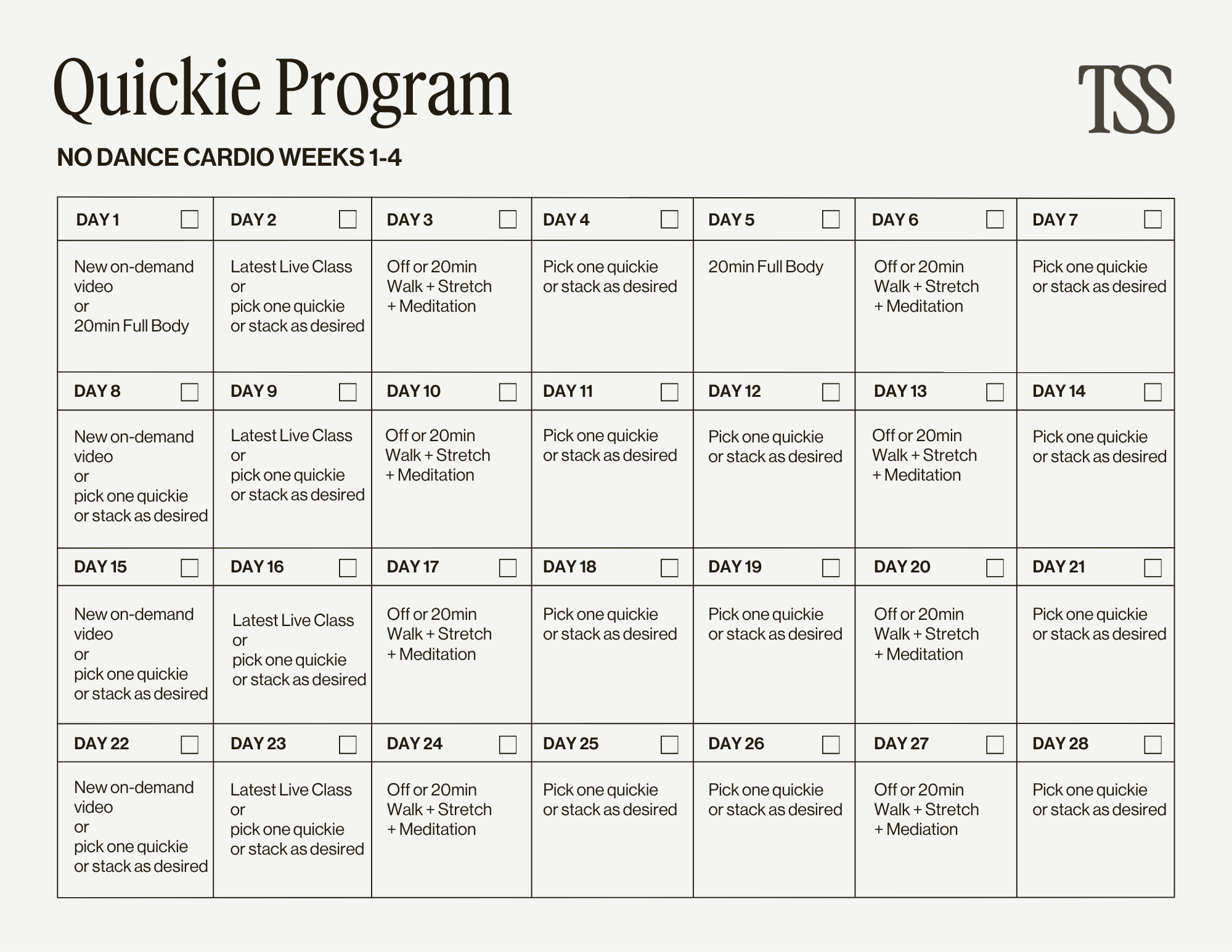 Quickie Program No Dance Cardio Pt 1 Calendar