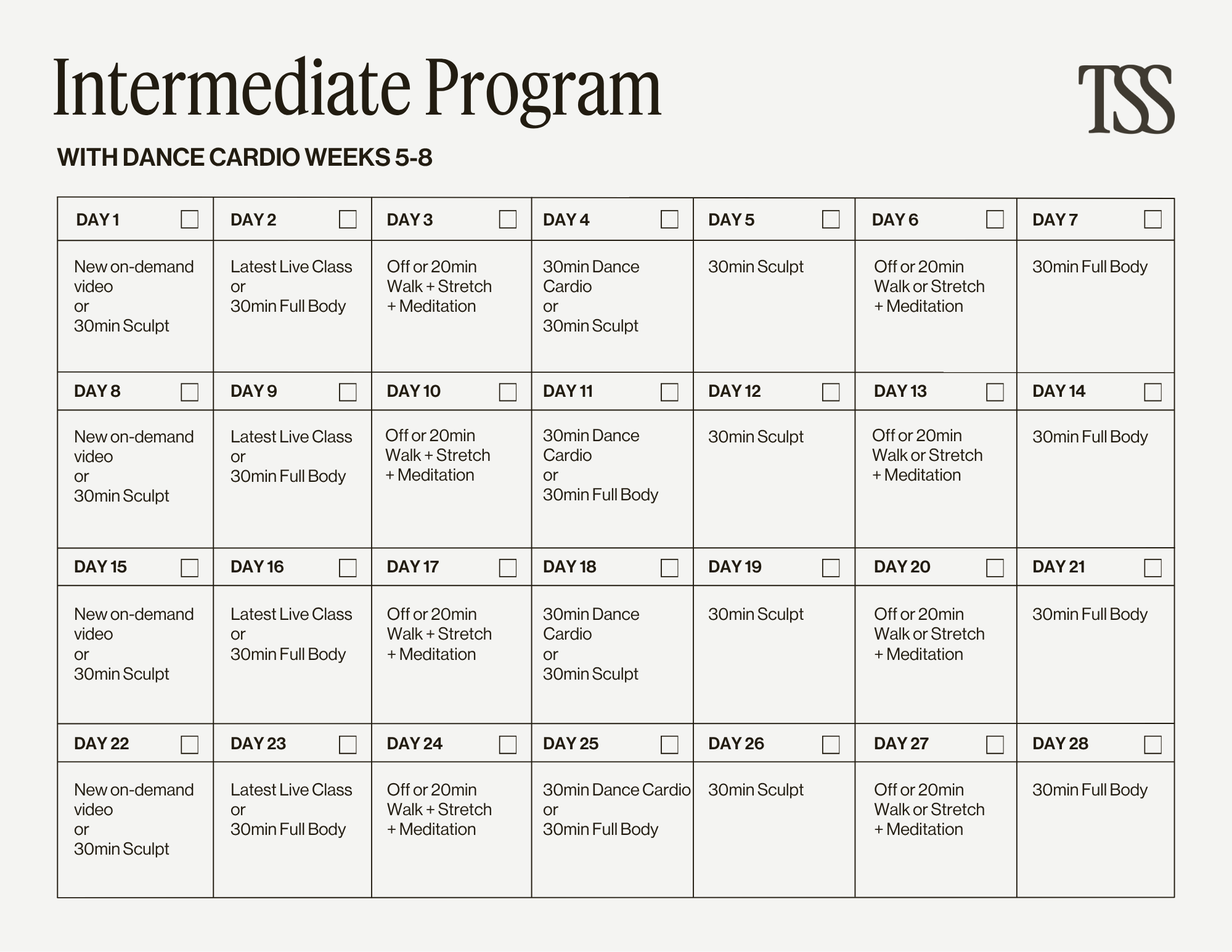 Intermediate Program with Dance Cardio Pt 2 Calendar