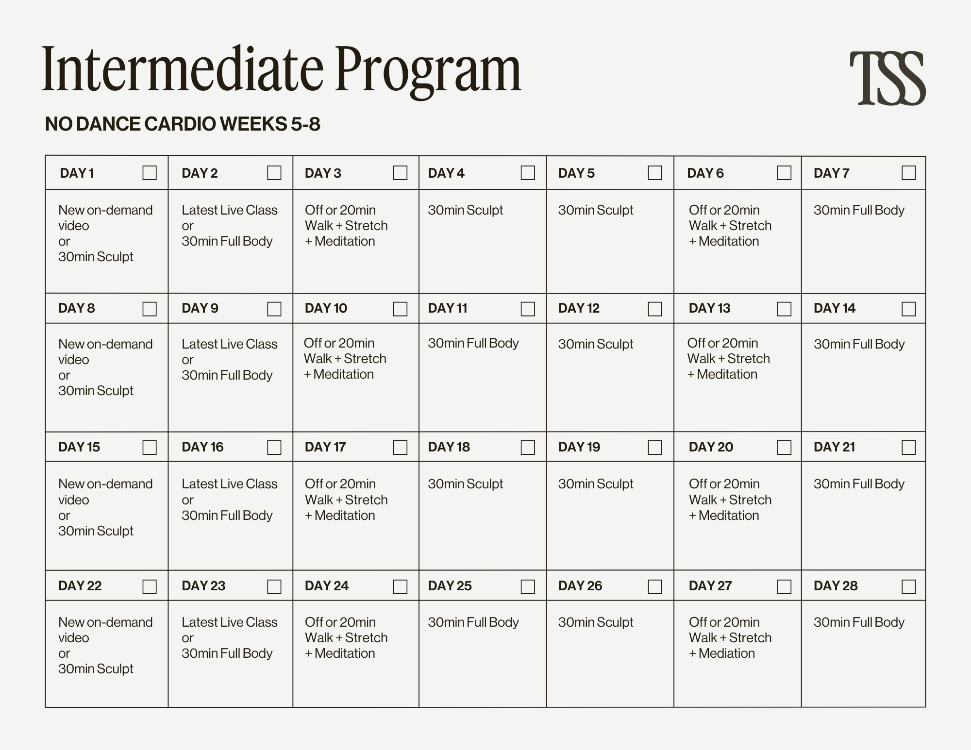 Intermediate Program No Dance Cardio Pt 2 Calendar