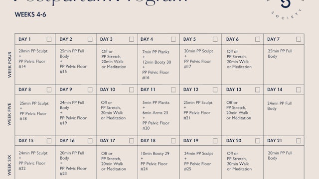 Postpartum Program Calendar-Weeks 4-6