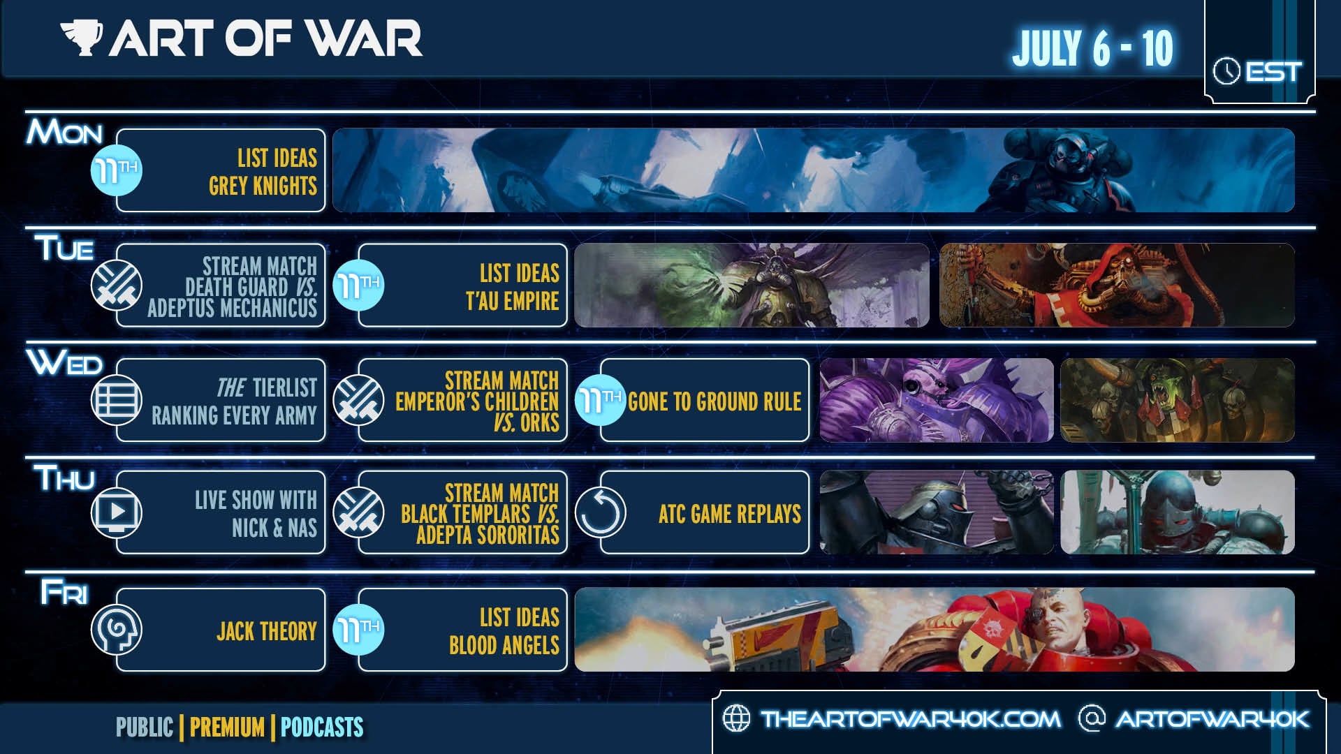 This Week's Schedule - July 6th to 10th 2026