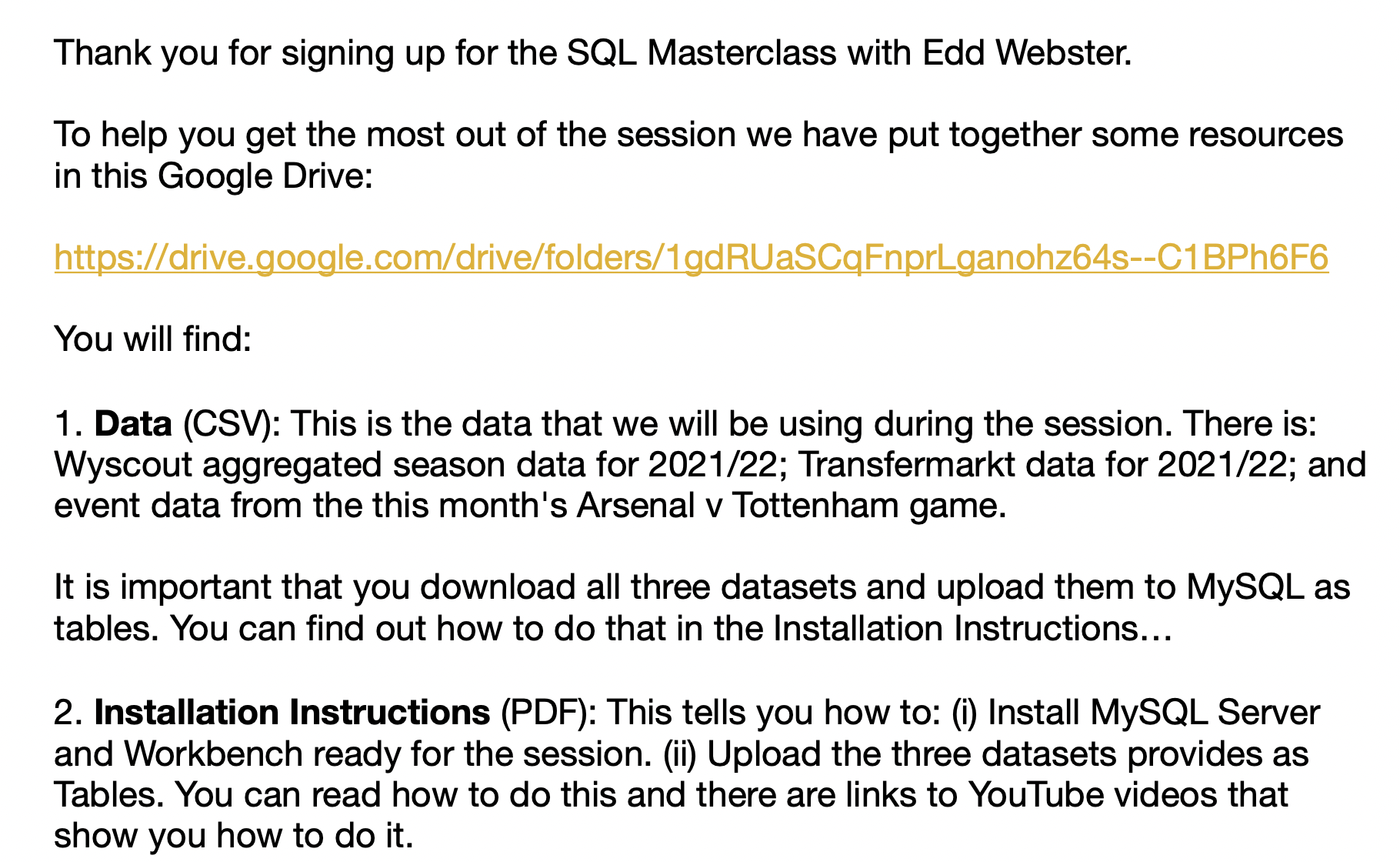 SQL Masterclass: Supporting Resources