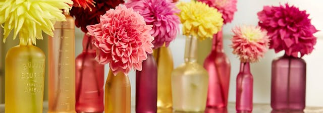 Colorful Bottle Collection with Dahlias