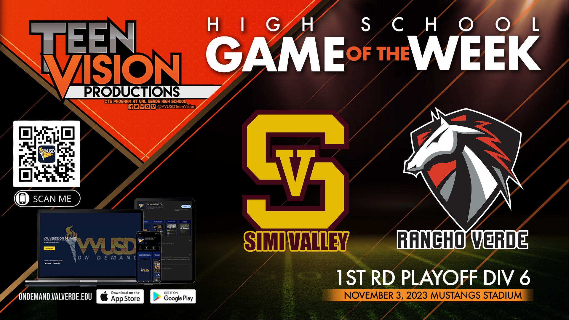 11/03/23 HS Football wk11 Rancho Verde vs Simi Valley HS 1st RD Div 6 Playoff
