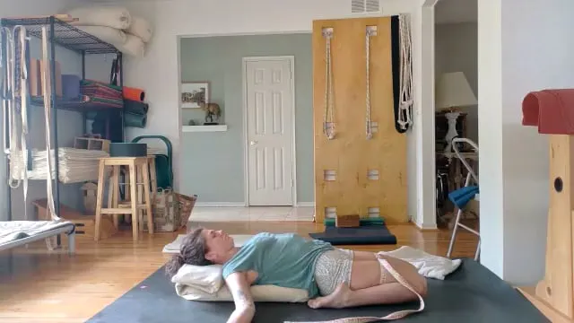 4-27-26 Gulnaaz Yoga Club 2026 Restorative poses with belt on middle thigh.  Ujjayi.  Kapalabhati pranayama.