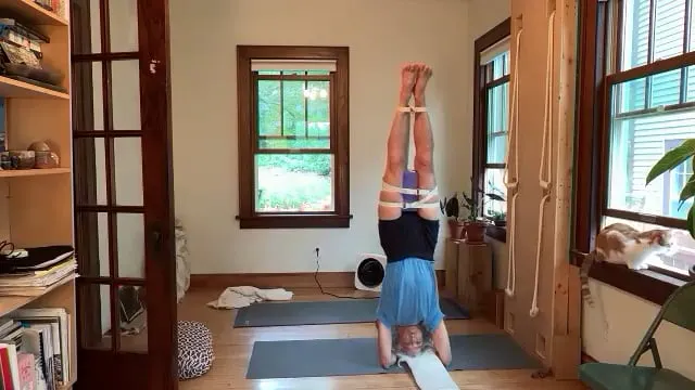9-5-26 Gulnaaz Yoga Club Uttanasana, Inversions with brick and 3 belts
