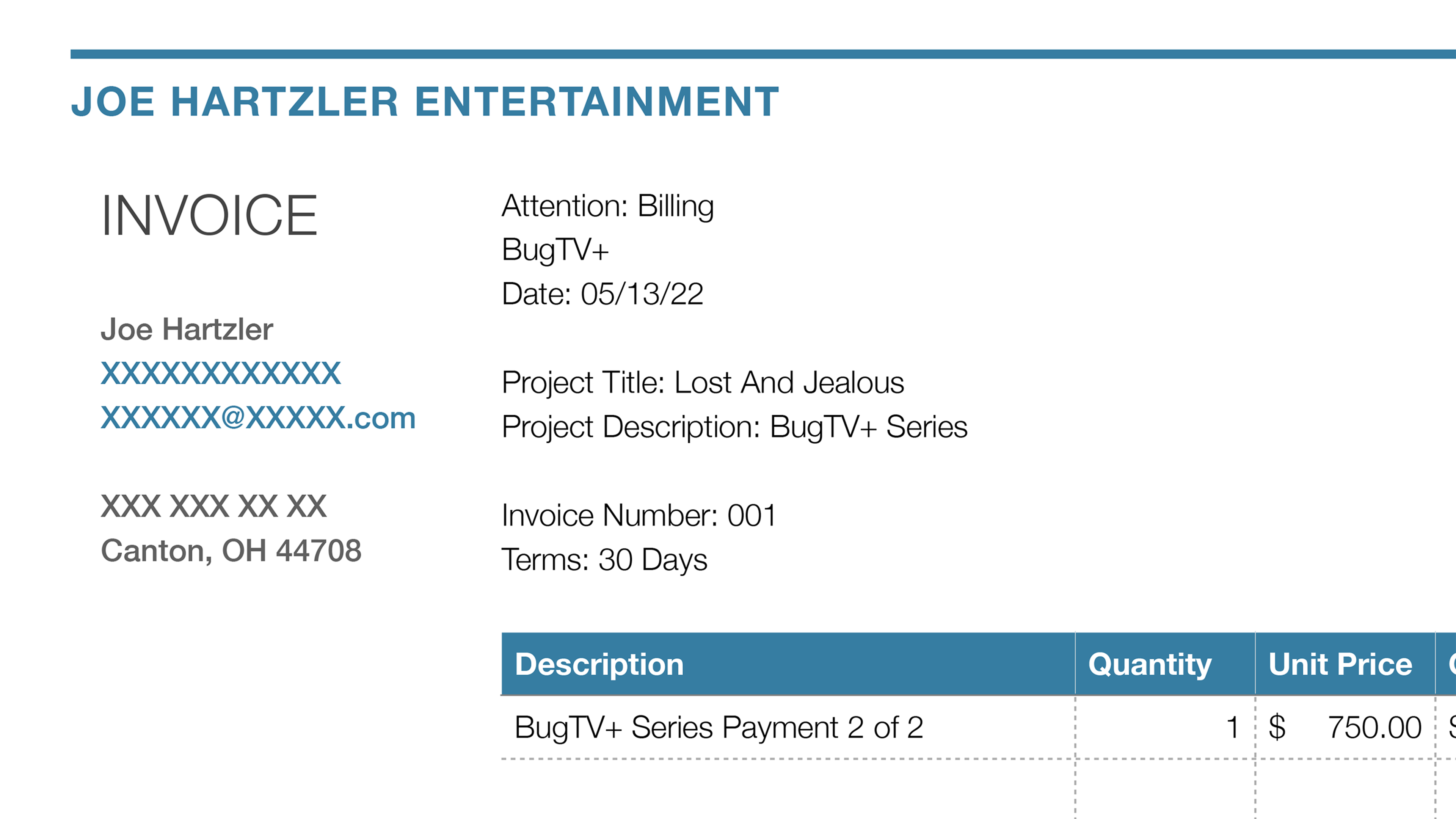 Joe's pdf Invoice to BugTV+
