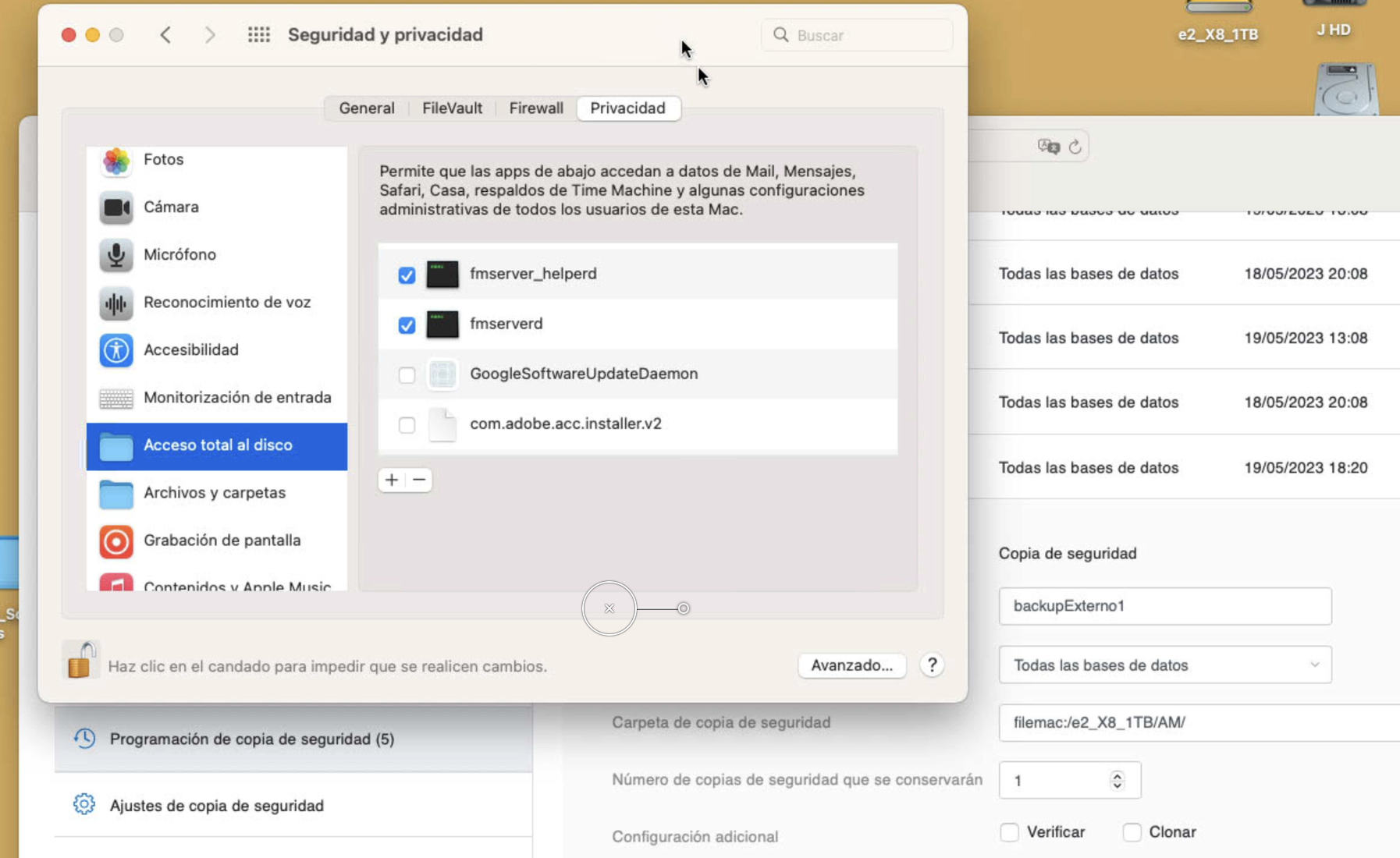 CFMS Backups Claris FileMaker Server Copias discos Externos