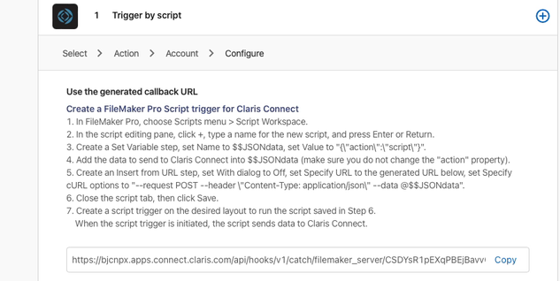 Connect: Probar y guardar paso Trigger by Script
