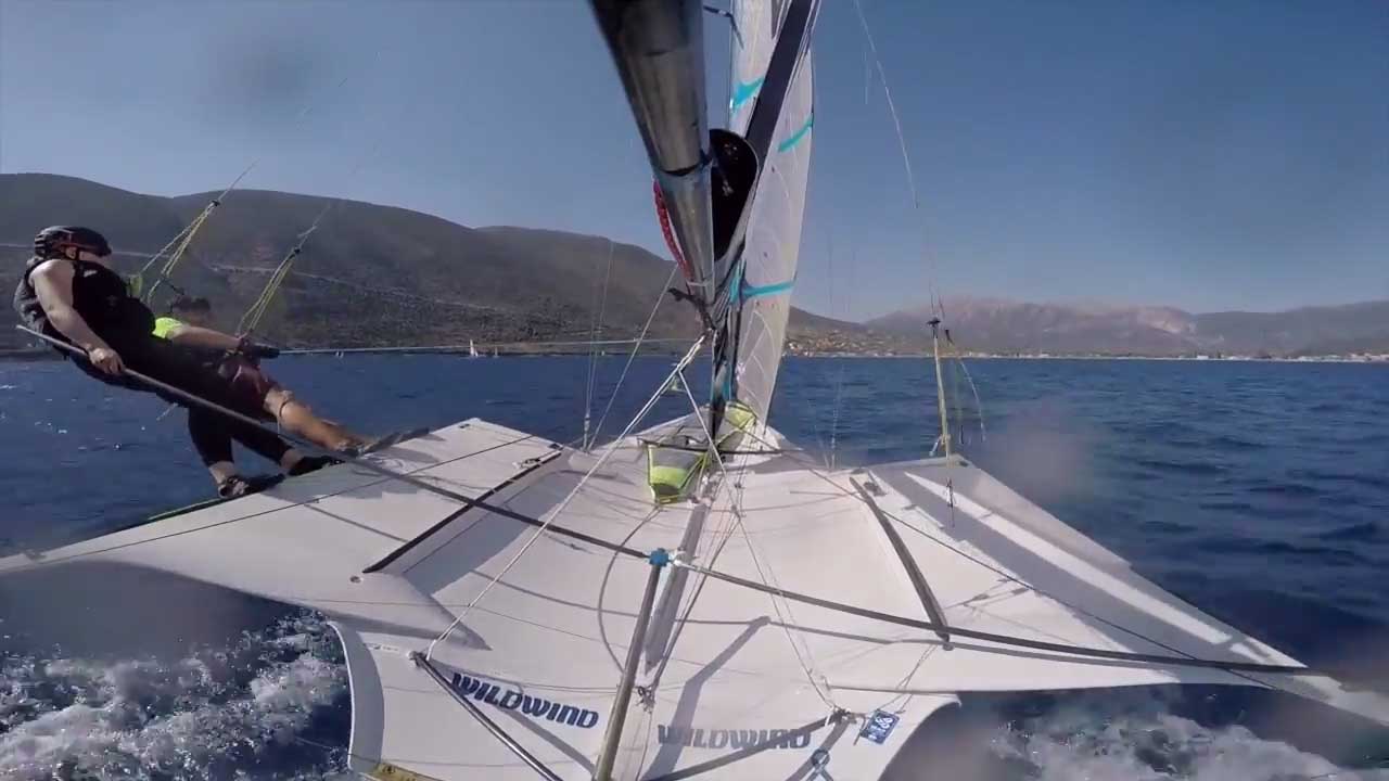 49er FX joy riding in Vassiliki with the VR FX Girls