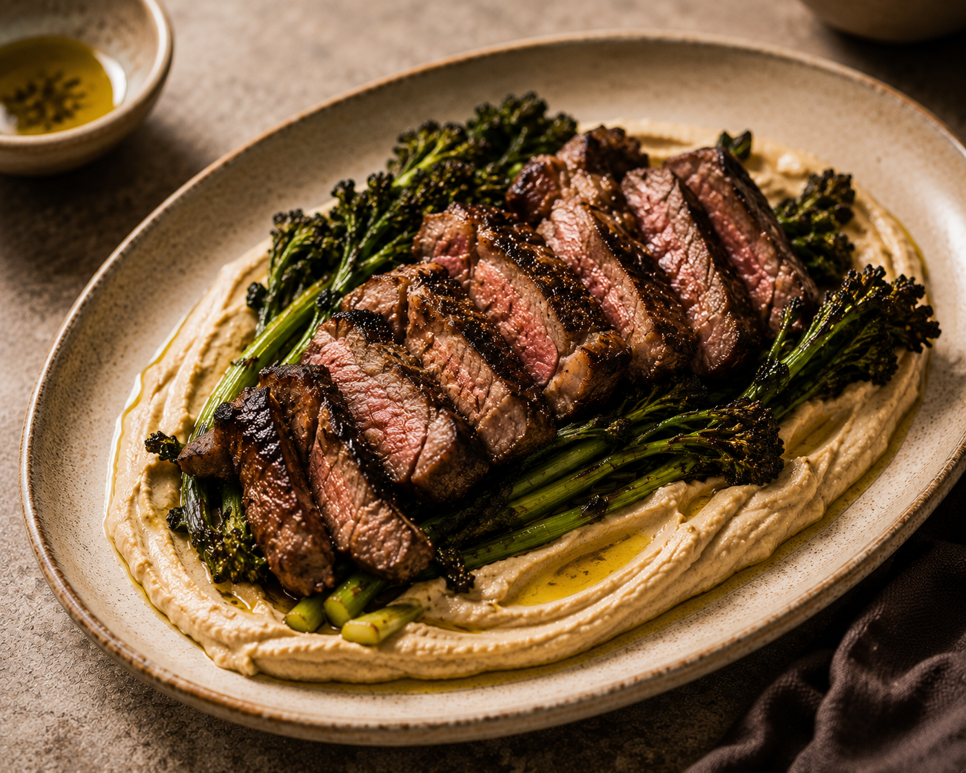 Grilled Lamb with Charred Greens & Hummus