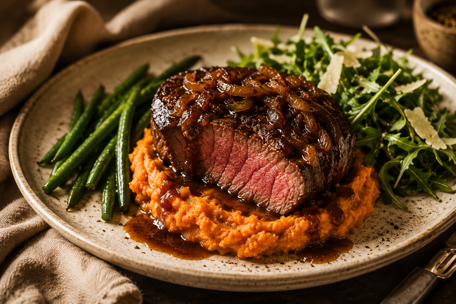 Eye Fillet Steak with Sweet Potato Garlic Mash