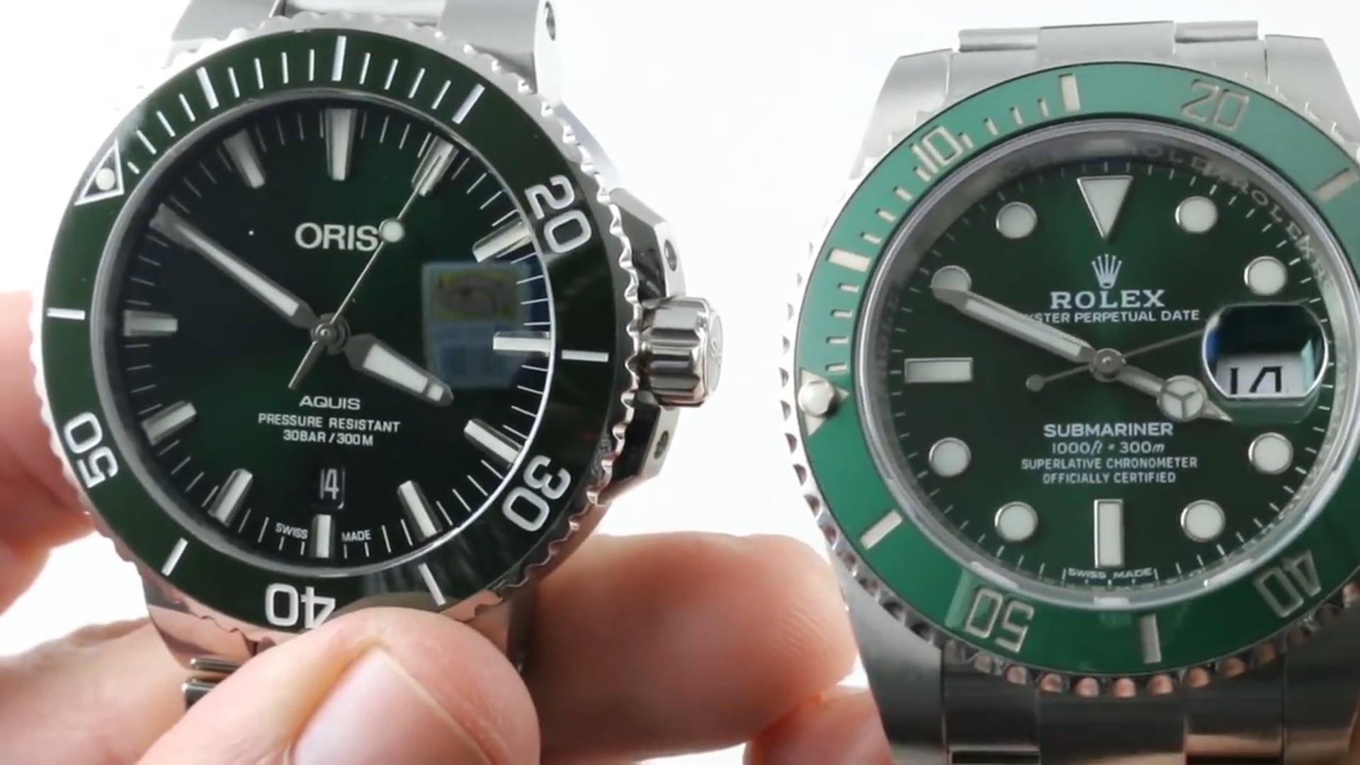 Rolex Submariner Hulk 116610LV vs Oris Aquis Date 733 7730 4157 07 8 24 05PEB Versus The 1916 Company Studios