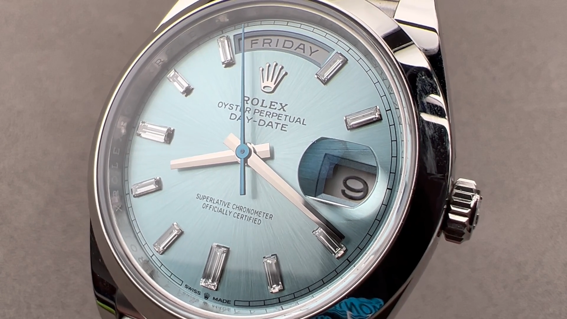 Rolex Day-Date Ice Blue Platinum Diamond Baguette Indices 228206-0002