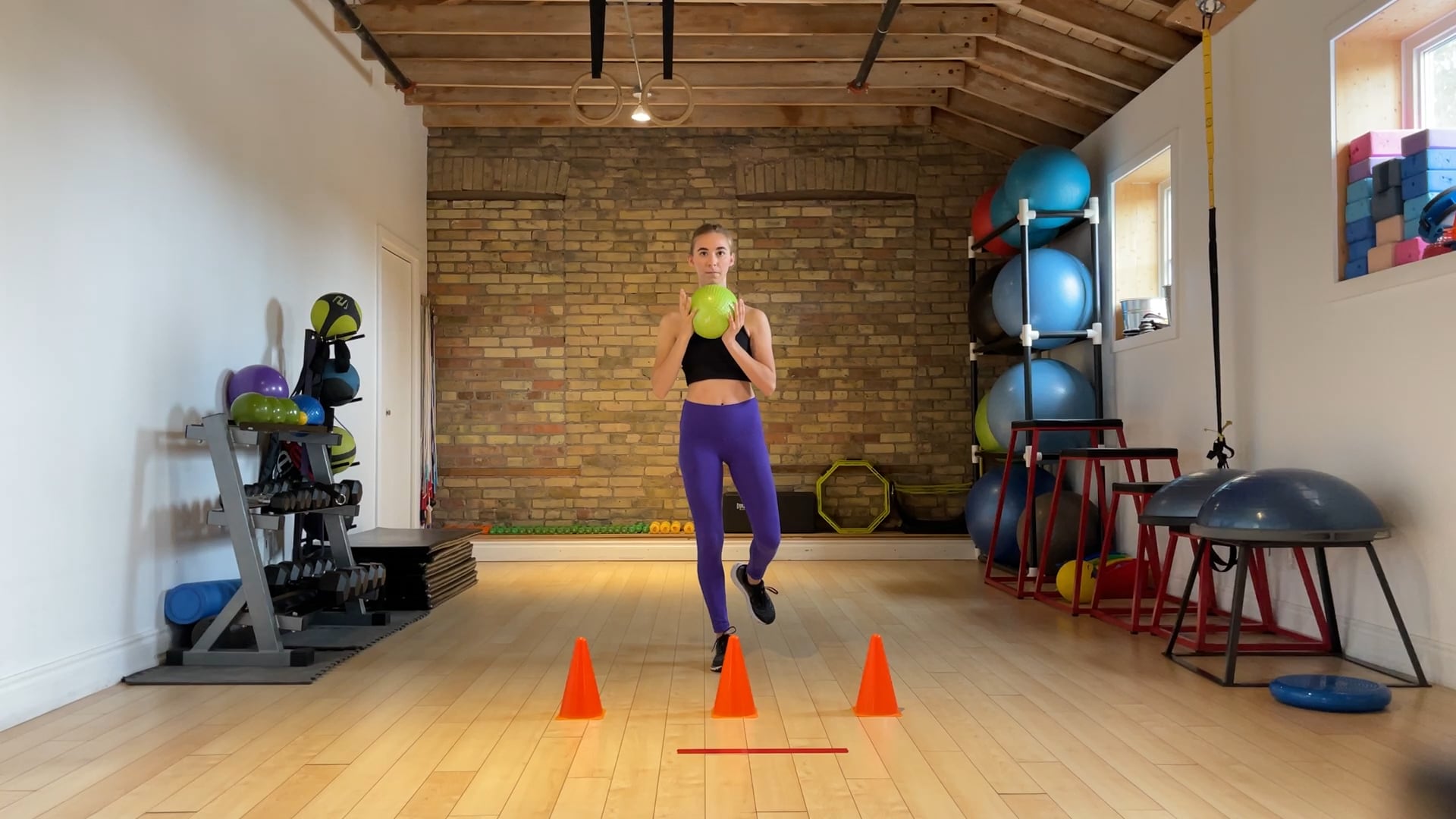 Advanced-Elite: Three cone single leg Romanian deadlift ball tap down exercise
