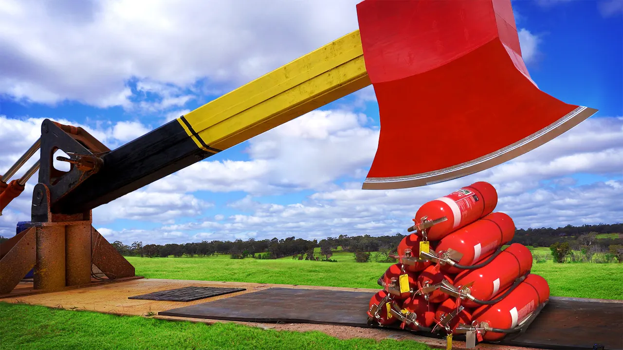 Giant Axe Vs. 10 Fire Extinguishers! - How Ridiculous - Yippee - Faith ...