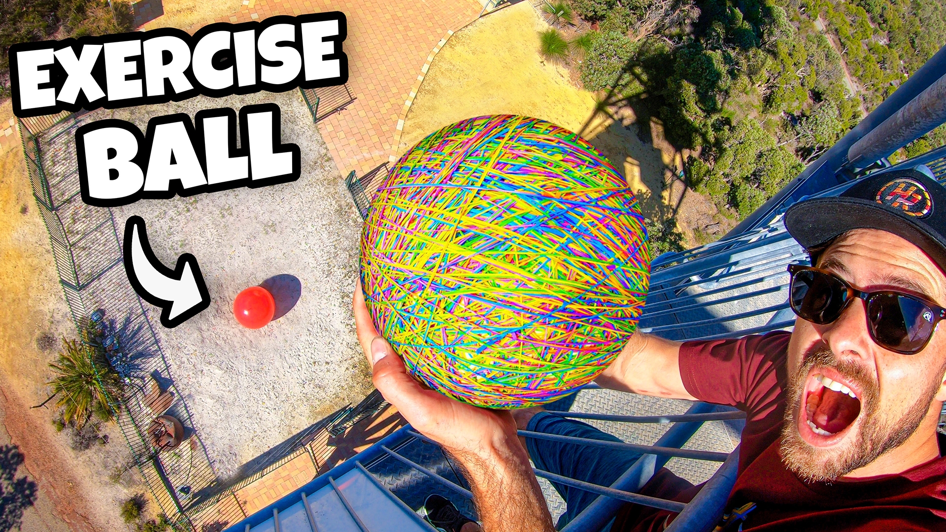 Rubber Band Ball Vs. World’s LARGEST Exercise Ball from 45m!
